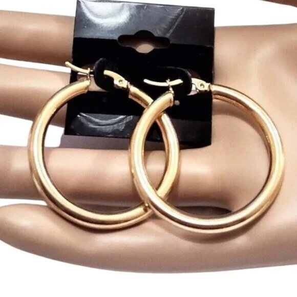 1 1/2" Wide Tube Hoop Pierced Post Stud Earrings Gold Tone 39mm Thick 4mm Band - Picture 1 of 4